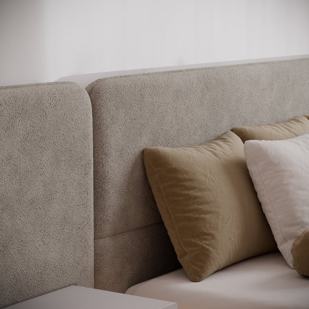 King Size Upholstered Bed with Extended Headboard & Smart Leather Nightstand Set window image