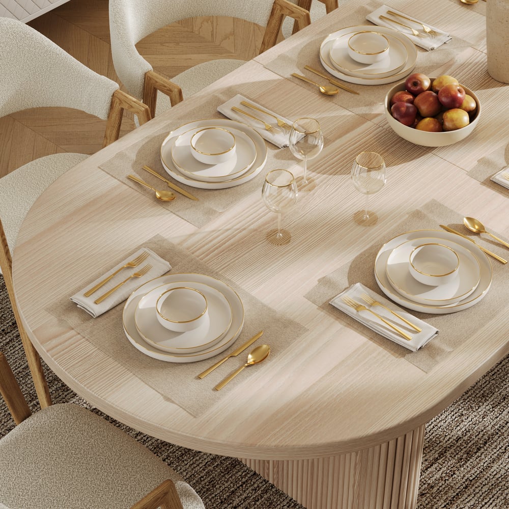 79"-94" Japandi Oval Extendable Dining Table Whitewash Seats 6-8 People window image