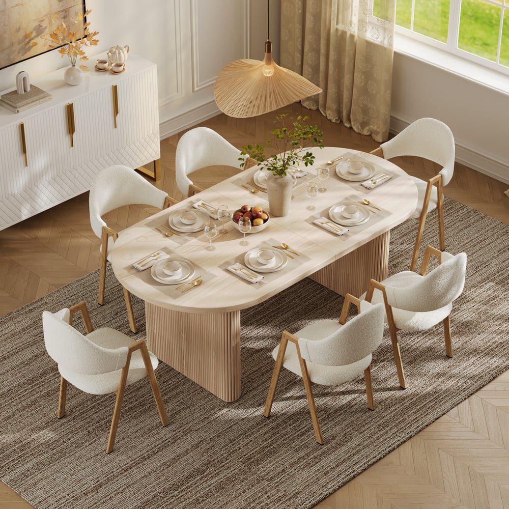 79"-94" Japandi Oval Extendable Dining Table Whitewash Seats 6-8 People window image