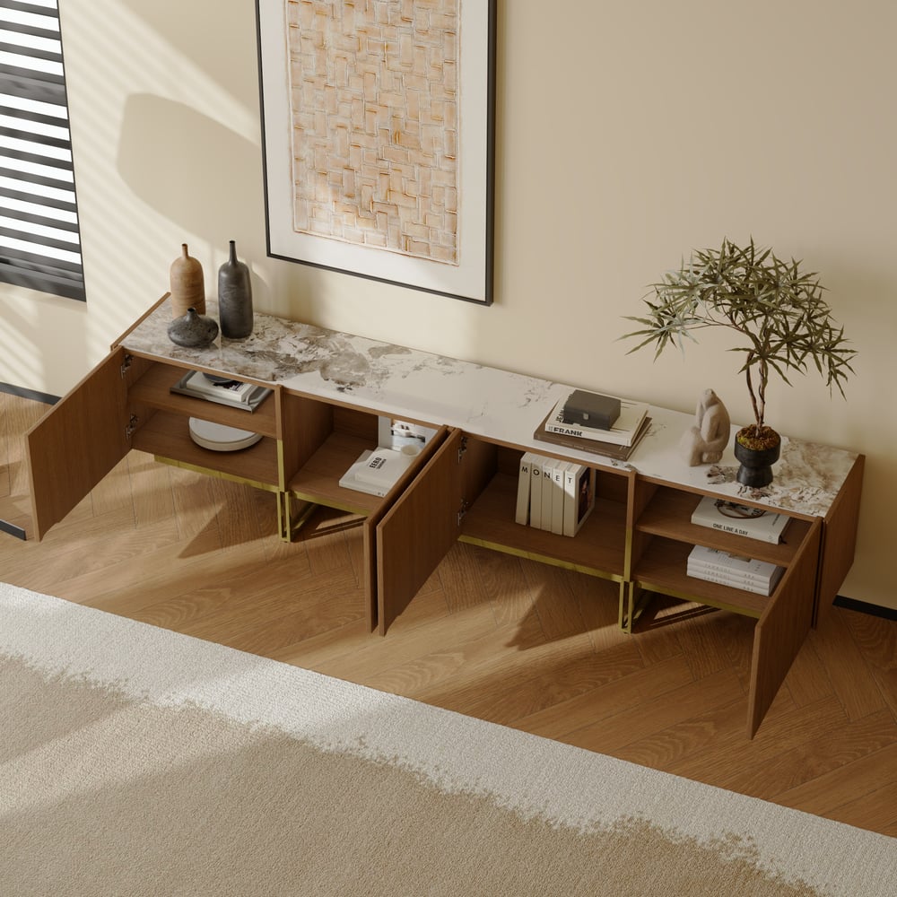 Grovyn 95" Sintered Stone Top Fluted TV Stand with Spacious Cabinets window image