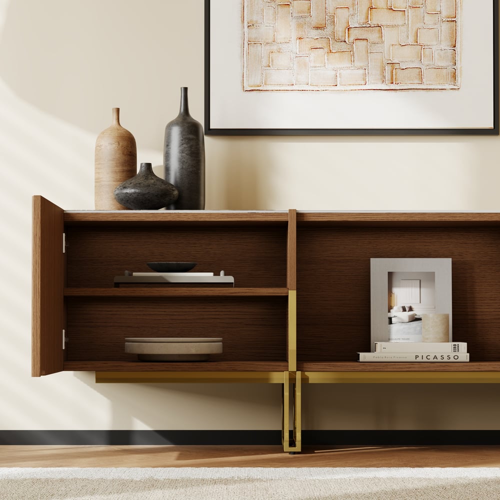 Grovyn 95" Sintered Stone Top Fluted TV Stand with Spacious Cabinets window image