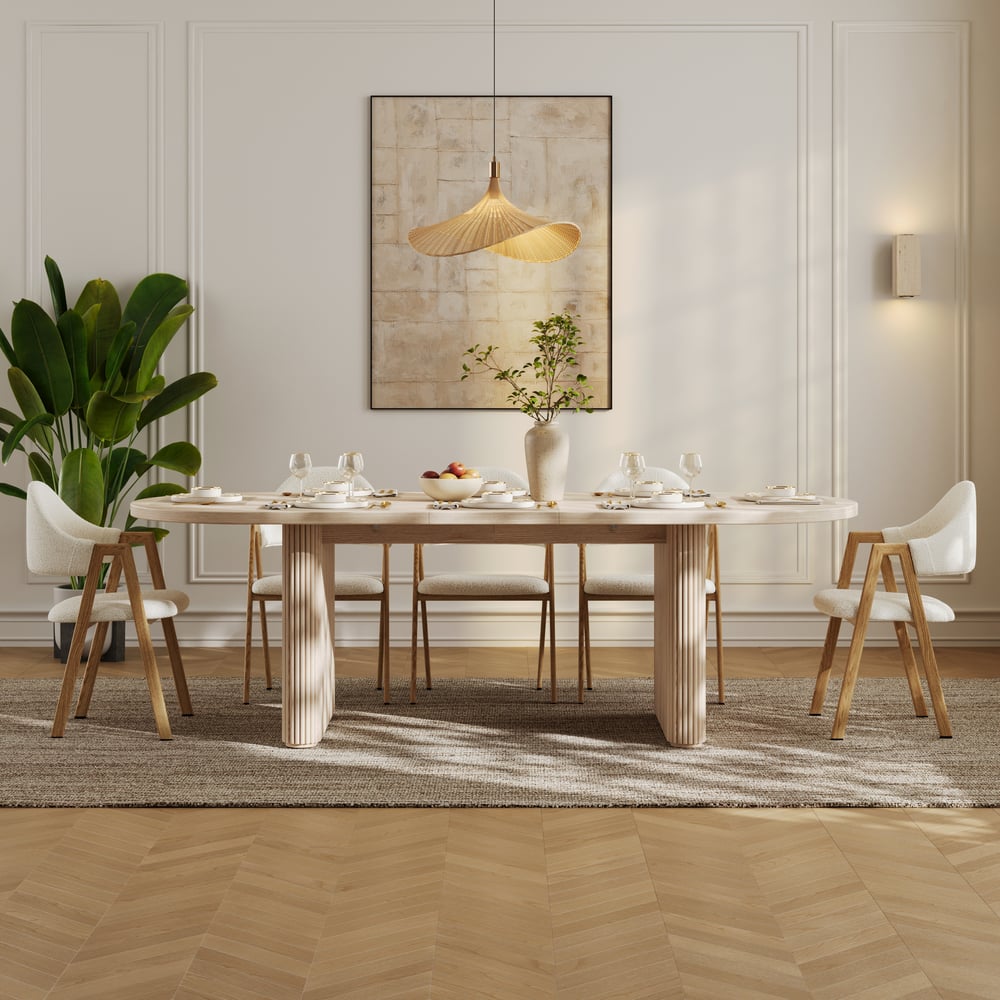 79"-94" Japandi Oval Extendable Dining Table Whitewash Seats 6-8 People window image