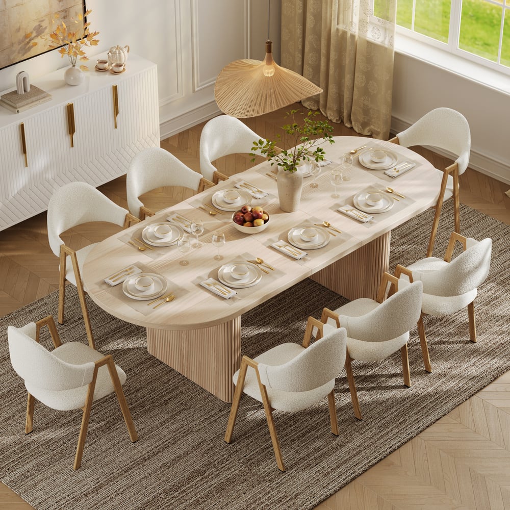 79"-94" Japandi Oval Extendable Dining Table Whitewash Seats 6-8 People window image