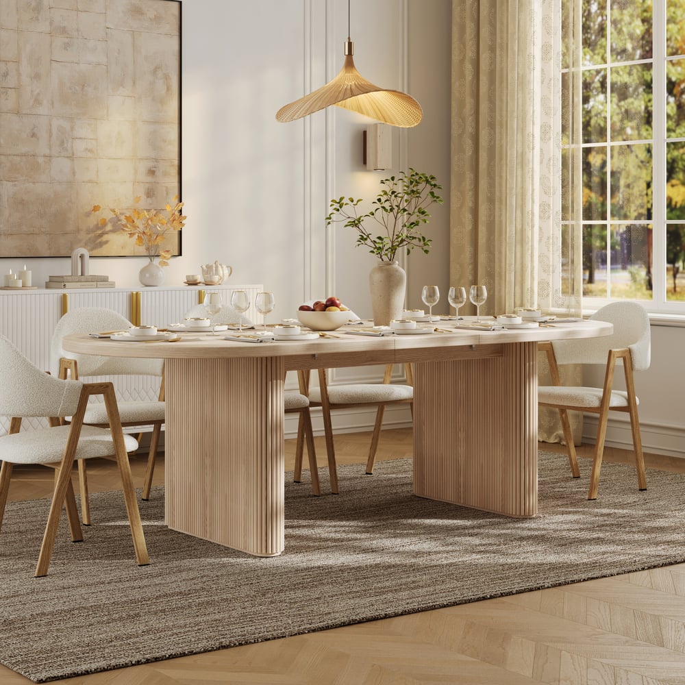79"-94" Japandi Oval Extendable Dining Table Whitewash Seats 6-8 People window image