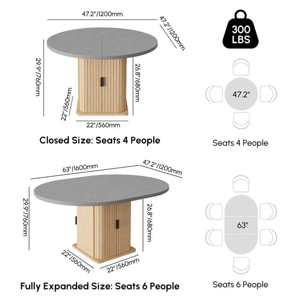 Tavolo da pranzo allungabile grigio da 1200 mm-1600 mm con base scanalata e contenitore Immagine con pesi e dimensioni