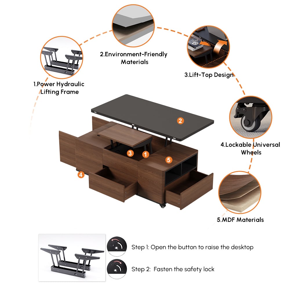 1200mm Lift-Top Foldable Walnut Coffee Table with Drawers & Cabinet window image