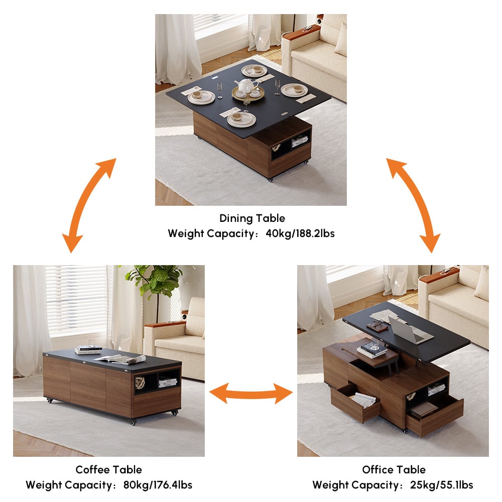 1200mm Lift-Top Foldable Walnut Coffee Table with Drawers & Cabinet window image