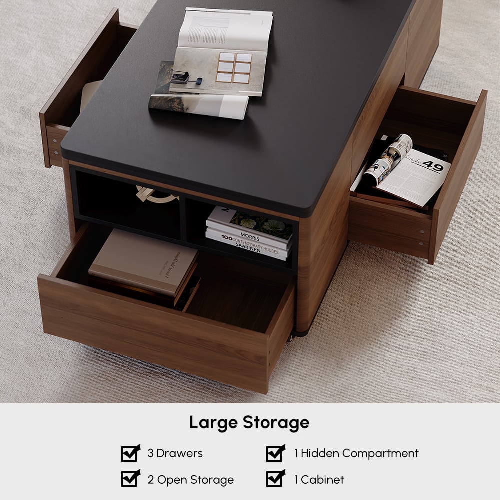 1200mm Lift-Top Foldable Walnut Coffee Table with Drawers & Cabinet window image