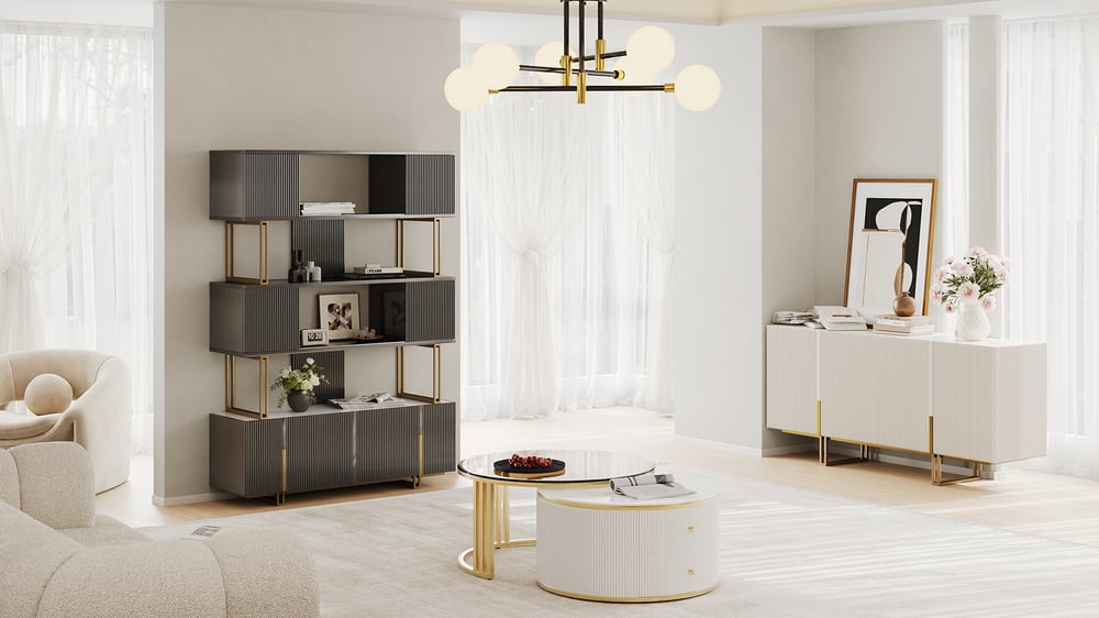 66.9" Glossy Black Sliding Door Etagere Bookshelf 5-Shelf Tall Book Shelf Rich Storage window image