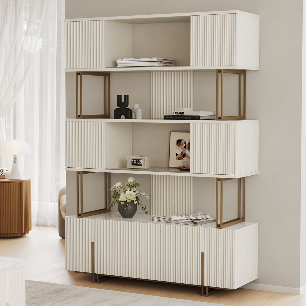 Off-white Sliding Door Etagere Bookshelf 5-Shelf Tall Book Shelf Rich Storage-170cm window image