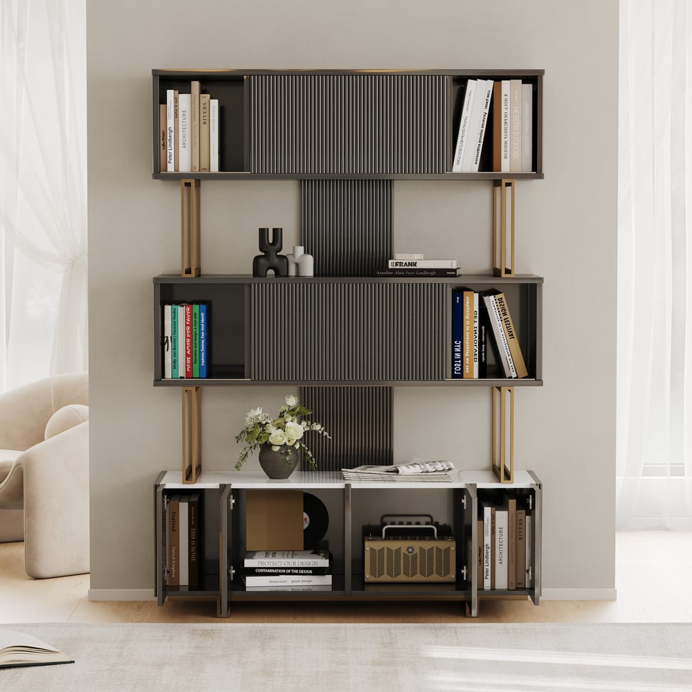 66.9" Glossy Black Sliding Door Etagere Bookshelf 5-Shelf Tall Book Shelf Rich Storage window image