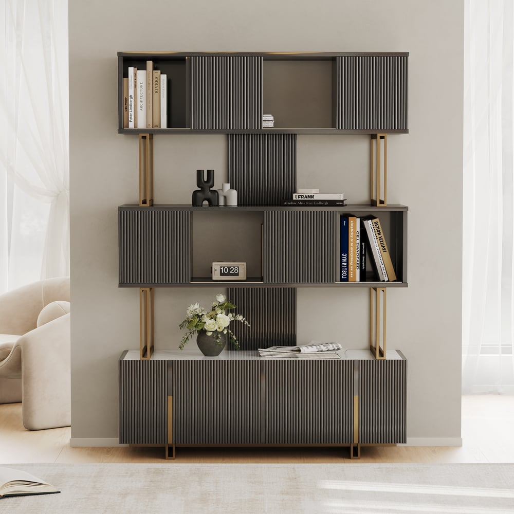 66.9" Glossy Black Sliding Door Etagere Bookshelf 5-Shelf Tall Book Shelf Rich Storage window image