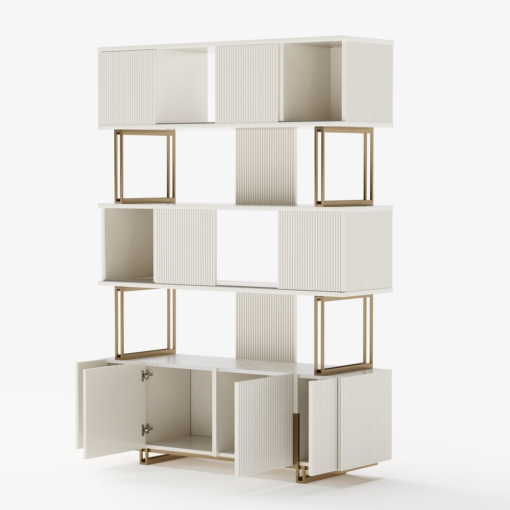 Off-white Sliding Door Etagere Bookshelf 5-Shelf Tall Book Shelf Rich Storage-170cm window image