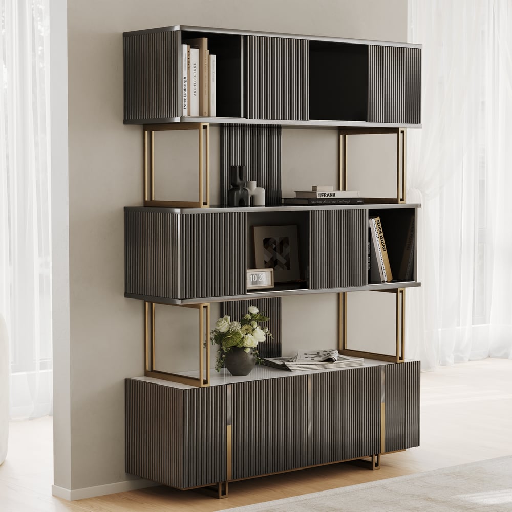 66.9" Glossy Black Sliding Door Etagere Bookshelf 5-Shelf Tall Book Shelf Rich Storage window image