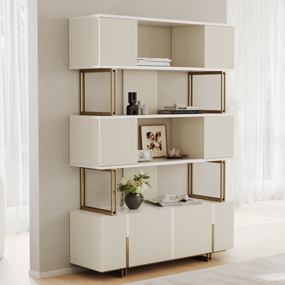 Off-white Sliding Door Etagere Bookshelf 5-Shelf Tall Book Shelf Rich Storage-170cm window image