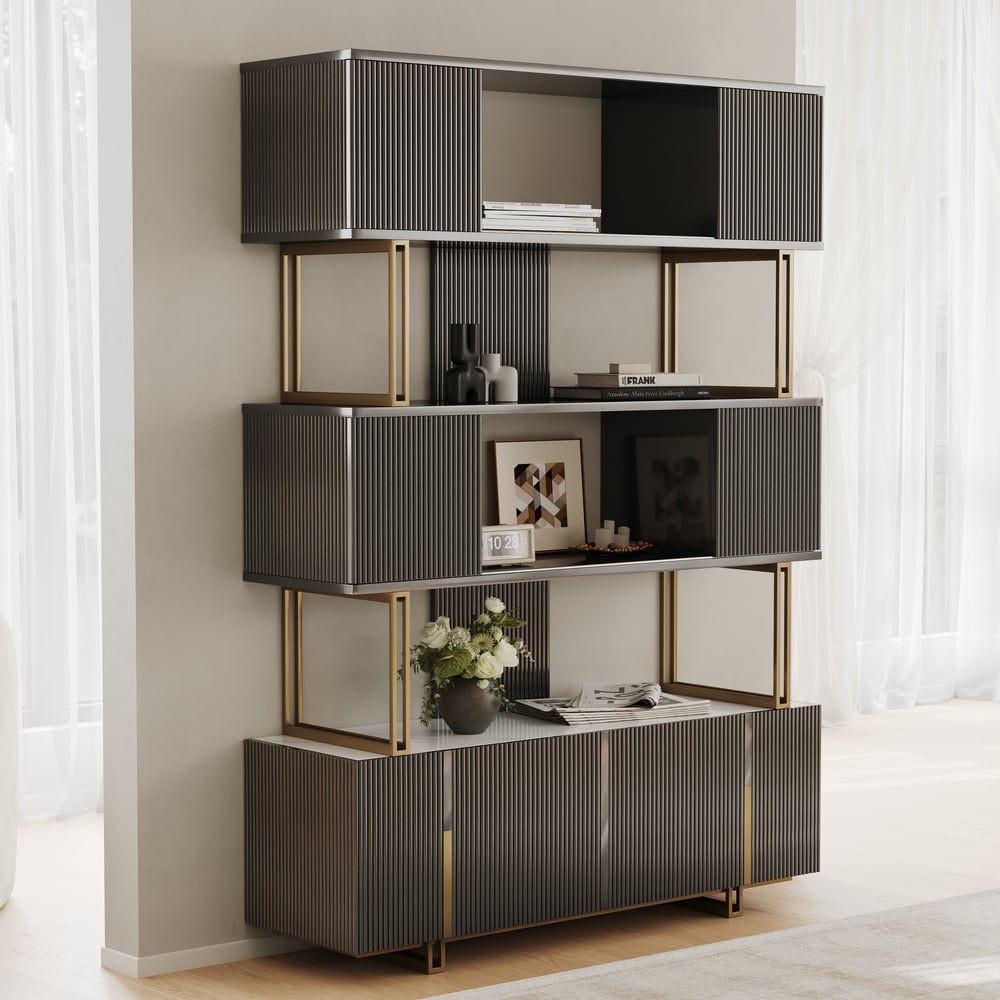 66.9" Glossy Black Sliding Door Etagere Bookshelf 5-Shelf Tall Book Shelf Rich Storage window image