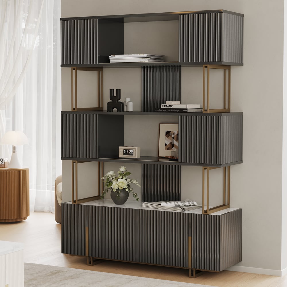 66.9" Glossy Black Sliding Door Etagere Bookshelf 5-Shelf Tall Book Shelf Rich Storage window image