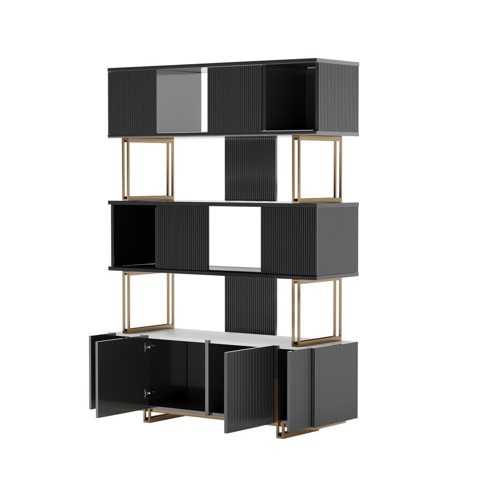 66.9" Glossy Black Sliding Door Etagere Bookshelf 5-Shelf Tall Book Shelf Rich Storage window image