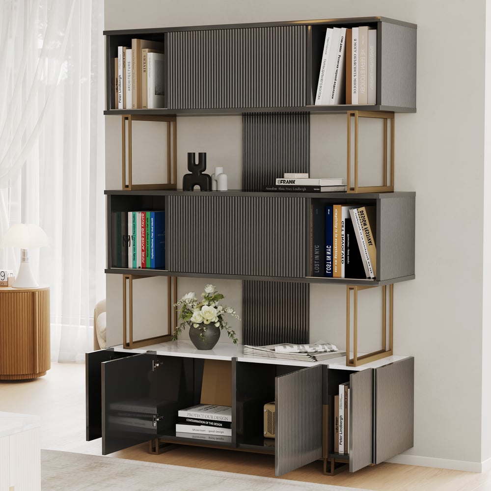 66.9" Glossy Black Sliding Door Etagere Bookshelf 5-Shelf Tall Book Shelf Rich Storage window image