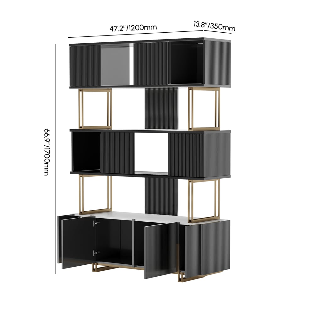 66.9" Glossy Black Sliding Door Etagere Bookshelf 5-Shelf Tall Book Shelf Rich Storage weights dimensions image