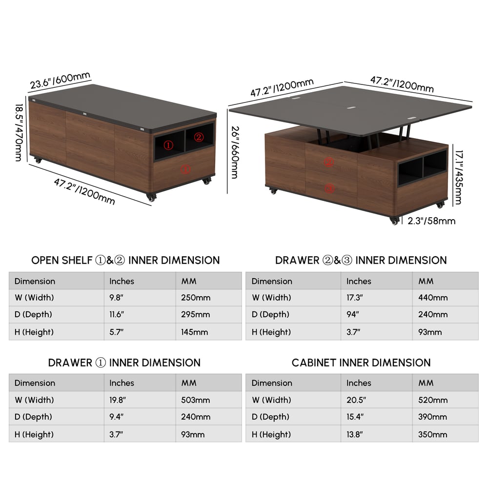 1200mm Lift-Top Foldable Walnut Coffee Table with Drawers & Cabinet weights dimensions image