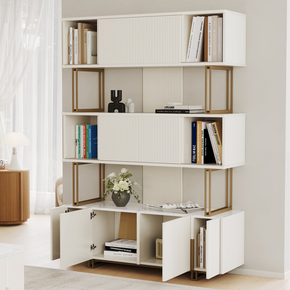 Off-white Sliding Door Etagere Bookshelf 5-Shelf Tall Book Shelf Rich Storage-170cm window image