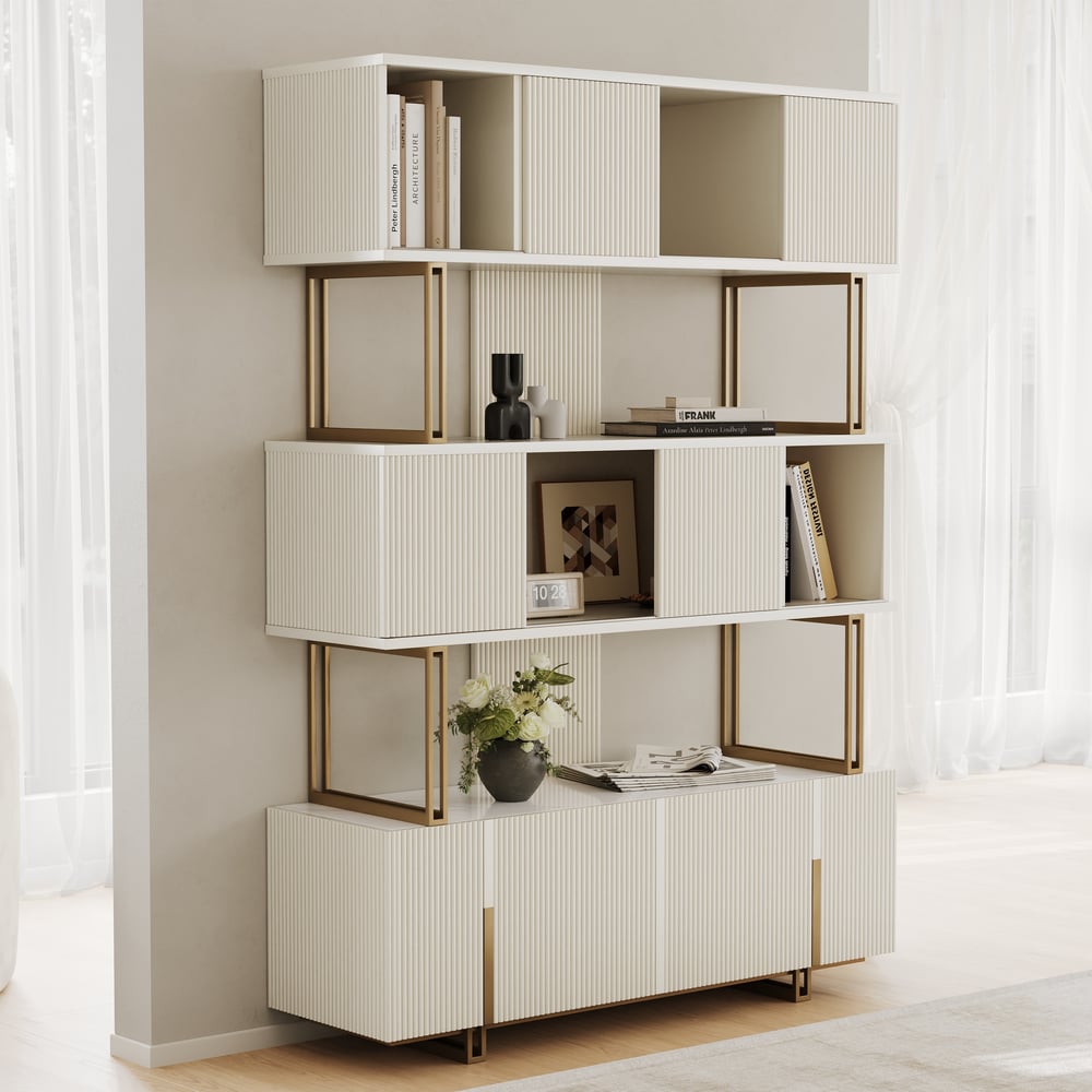 Off-white Sliding Door Etagere Bookshelf 5-Shelf Tall Book Shelf Rich Storage-170cm window image