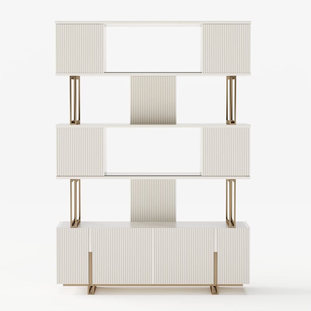 Off-white Sliding Door Etagere Bookshelf 5-Shelf Tall Book Shelf Rich Storage-170cm window image