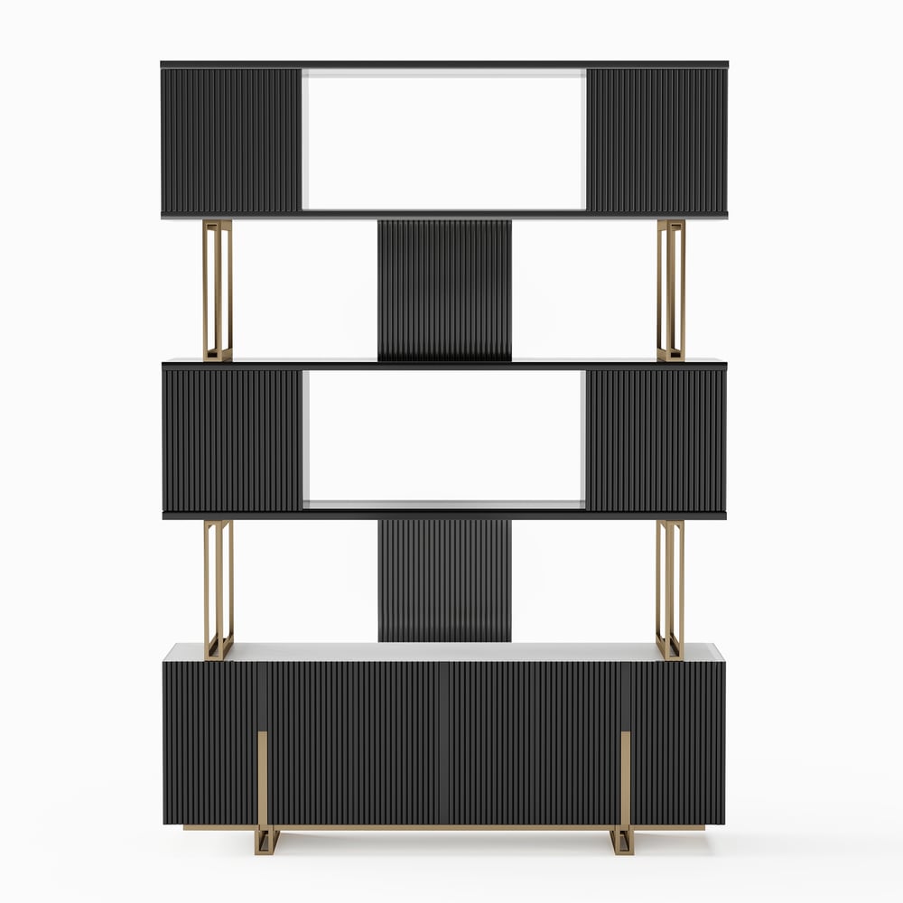 66.9" Glossy Black Sliding Door Etagere Bookshelf 5-Shelf Tall Book Shelf Rich Storage window image