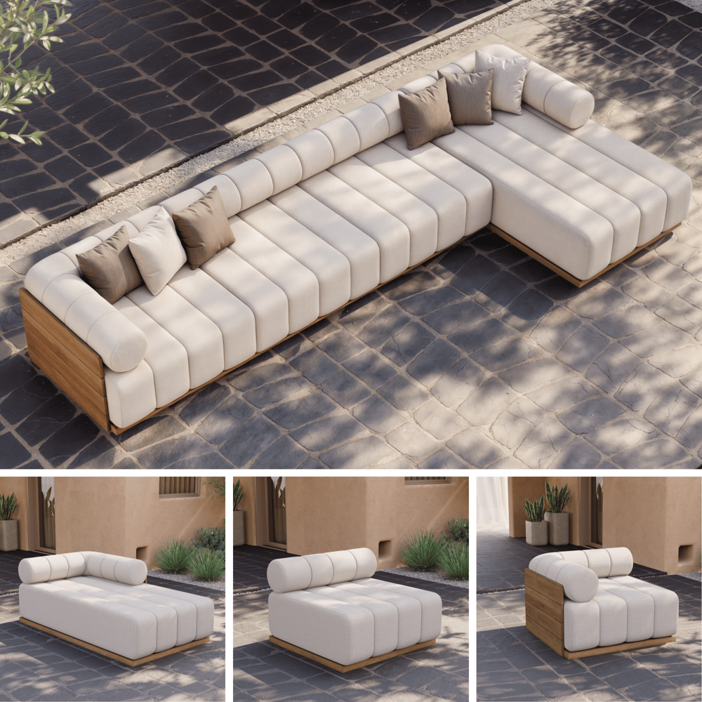 Juego de sofás modulares de teca para exteriores de 4 piezas imagen de ventana