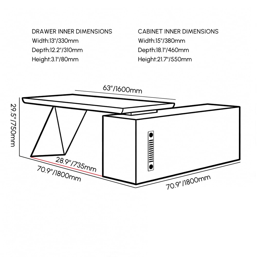 Grand bureau de direction moderne en forme de L en noyer avec tiroirs et armoire gauche (1800 mm) Poids, dimensions, image