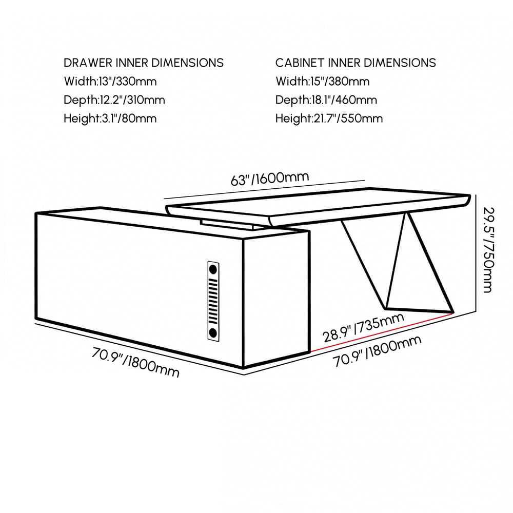 Moderne walnoothouten L-vormige executive bureauladen en kast rechtshandig (1800 mm) Afbeelding met gewichten en afmetingen