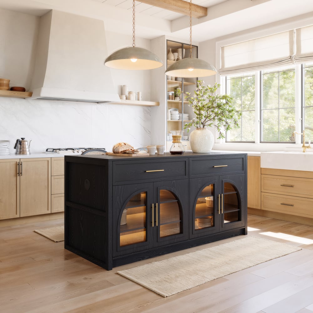 Arune 1800 mm zwarte keukeneilanden in moderne stijl met glazen deuren en laden Vensterafbeelding