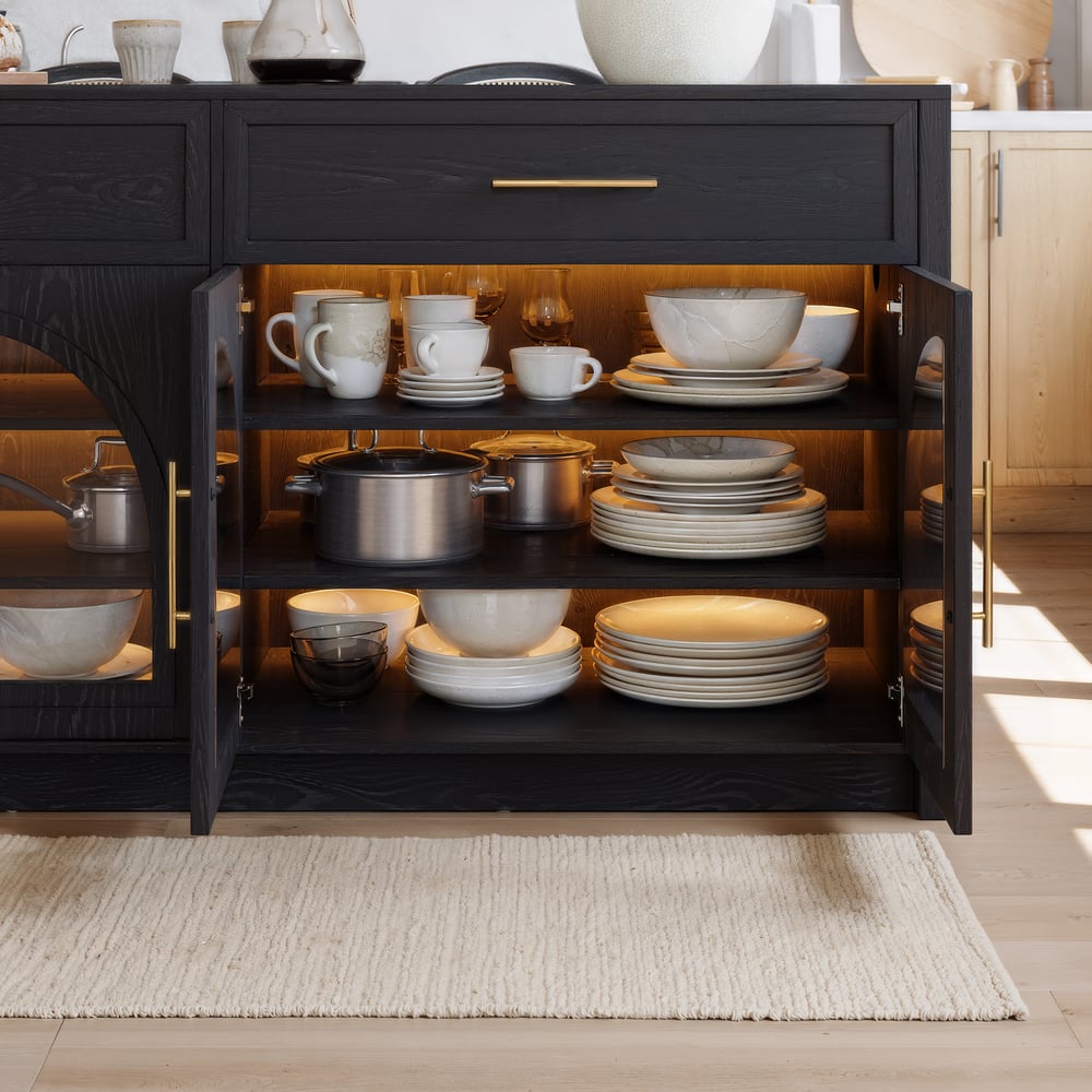 Arune 1800 mm zwarte keukeneilanden in moderne stijl met glazen deuren en laden Vensterafbeelding