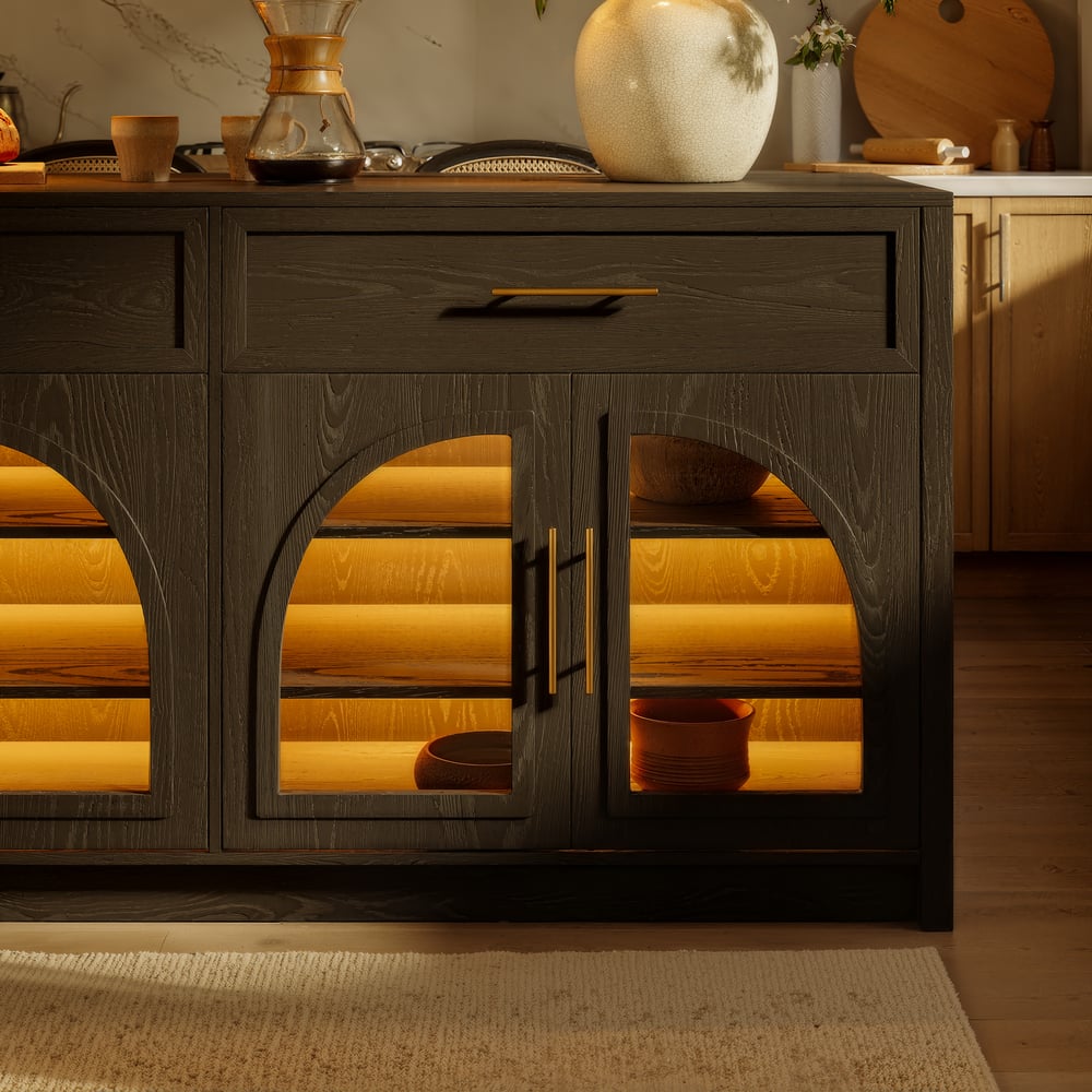 Arune 1800 mm zwarte keukeneilanden in moderne stijl met glazen deuren en laden Vensterafbeelding