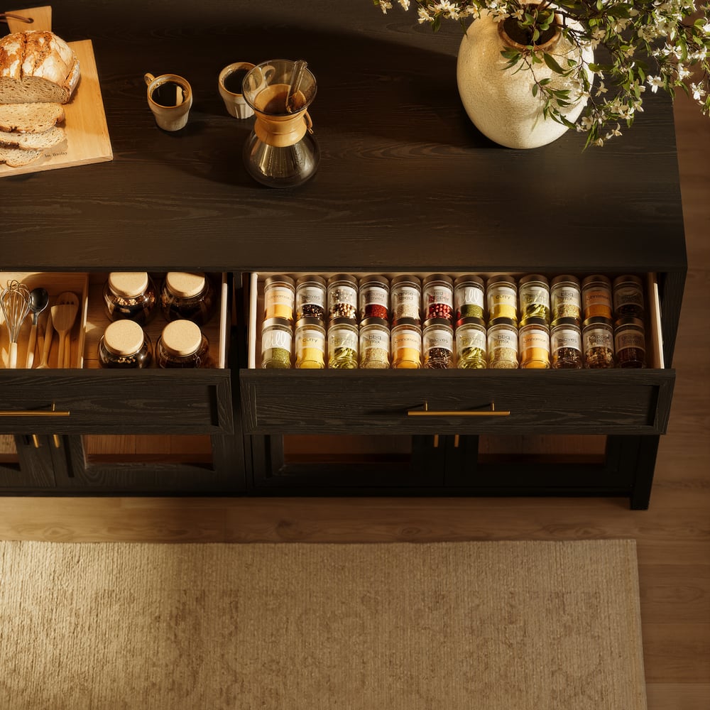 Arune 1800 mm zwarte keukeneilanden in moderne stijl met glazen deuren en laden Vensterafbeelding