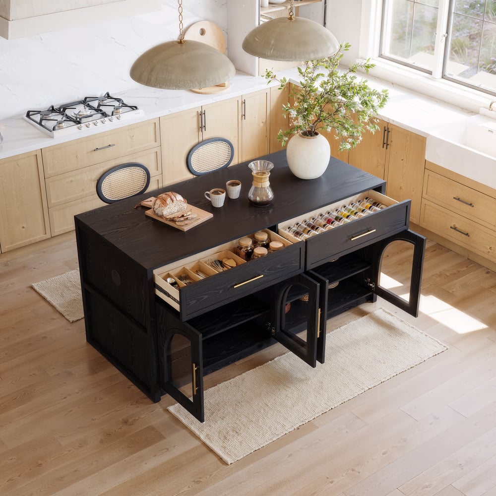 Arune 1800 mm zwarte keukeneilanden in moderne stijl met glazen deuren en laden Vensterafbeelding