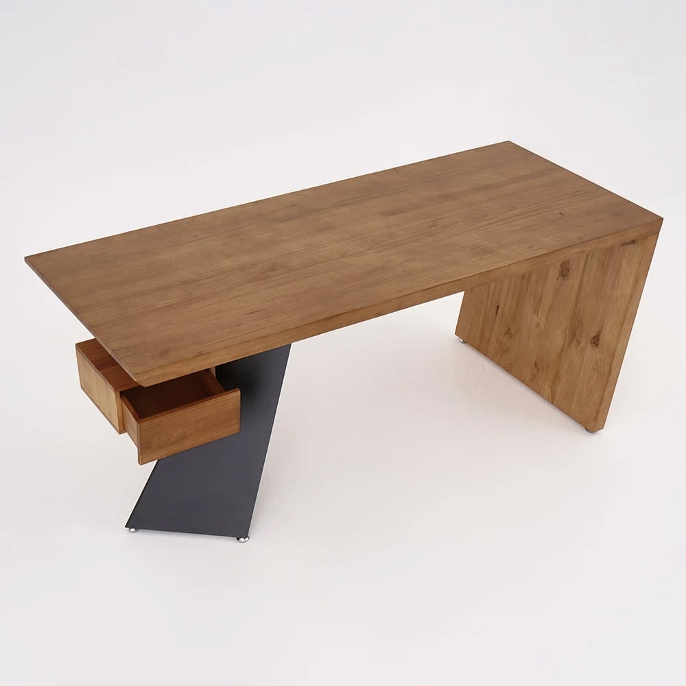 Modern pine wood straight desk with drawer, 160 cm executive desk window image