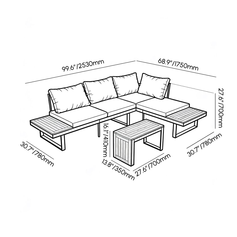 4 Seater Outdoor Acacia Sectional Sofa Set with Cushion and Side Table weights dimensions image