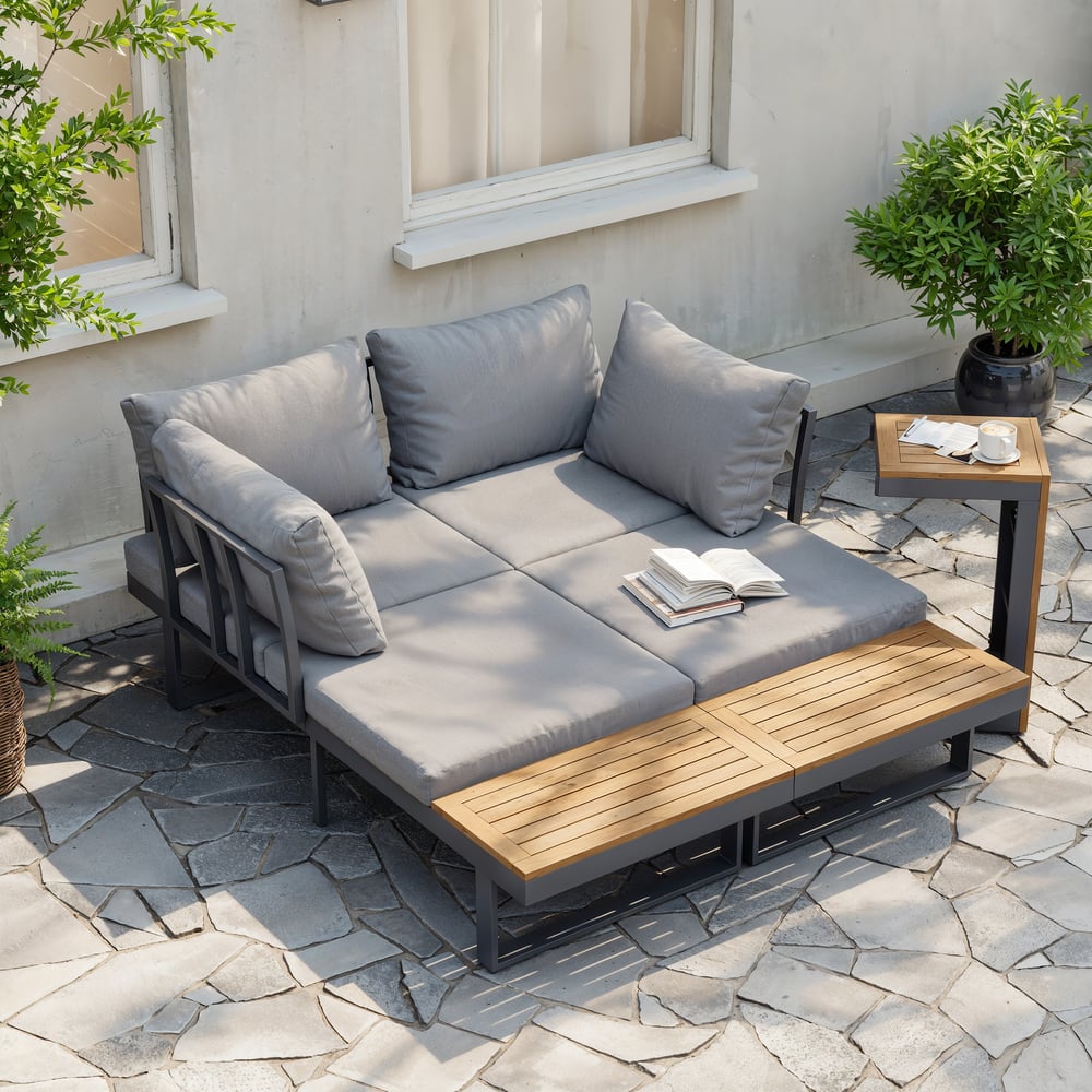 4 Seater Outdoor Acacia Sectional Sofa Set with Cushion and Side Table window image