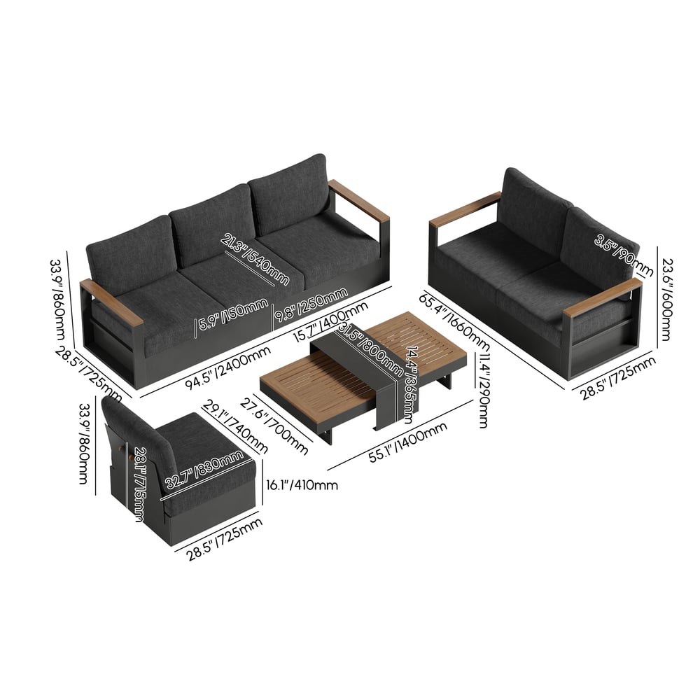 Axis 6-persoons buitenbankset met frame van hout en aluminium, grijs (4-delig) Afbeelding met gewichten en afmetingen