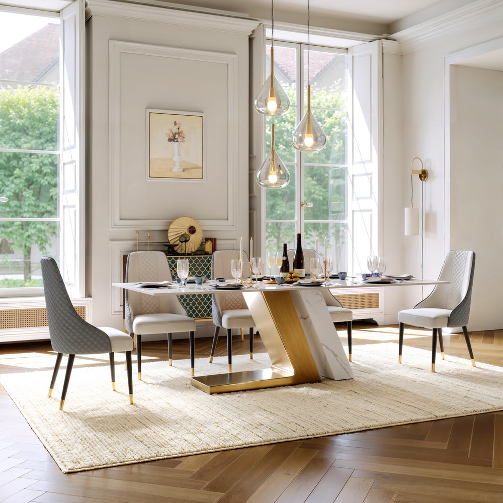 Cadeiras de jantar em couro sintético Diamic Grey com estofamento, 2 peças Imagem da janela