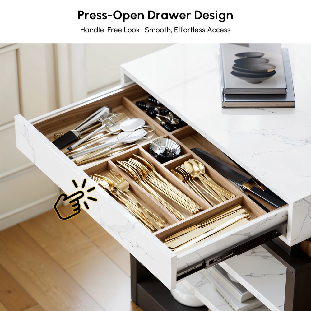 73"-93" Extendable White&Black Kitchen Island with Storage Kitchen Cabinet window image