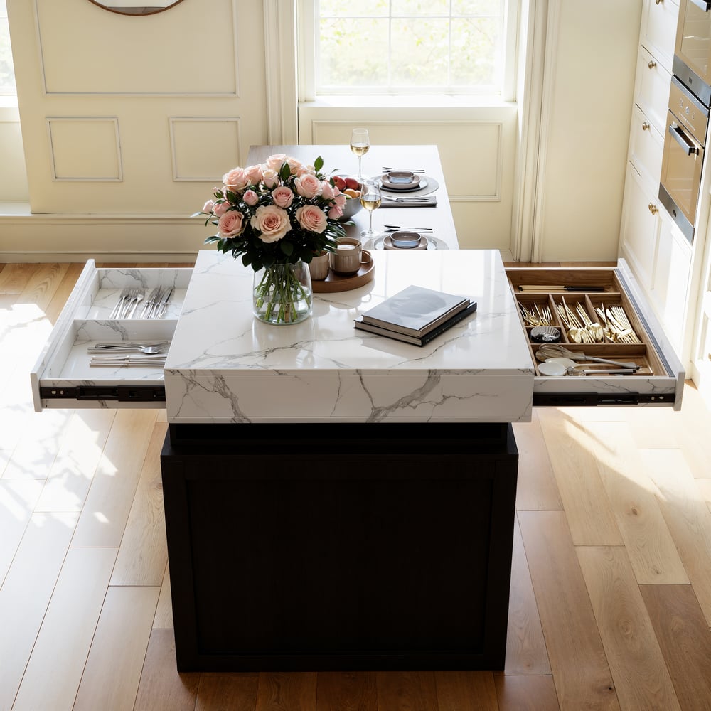 73"-93" Extendable White&Black Kitchen Island with Storage Kitchen Cabinet window image