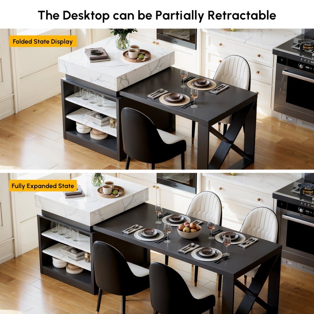 73"-93" Extendable White&Black Kitchen Island with Storage Kitchen Cabinet window image