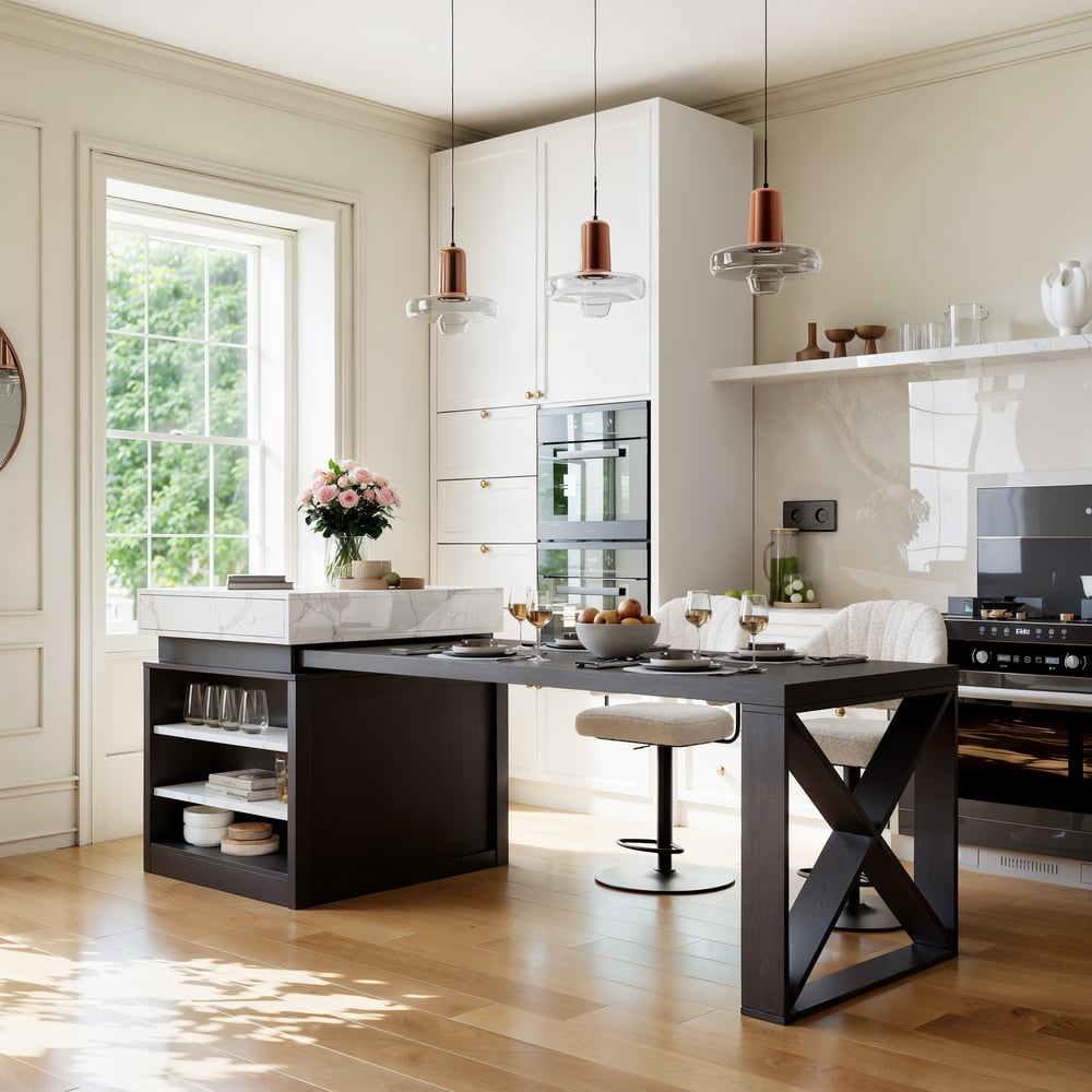 73"-93" Extendable White&Black Kitchen Island with Storage Kitchen Cabinet window image