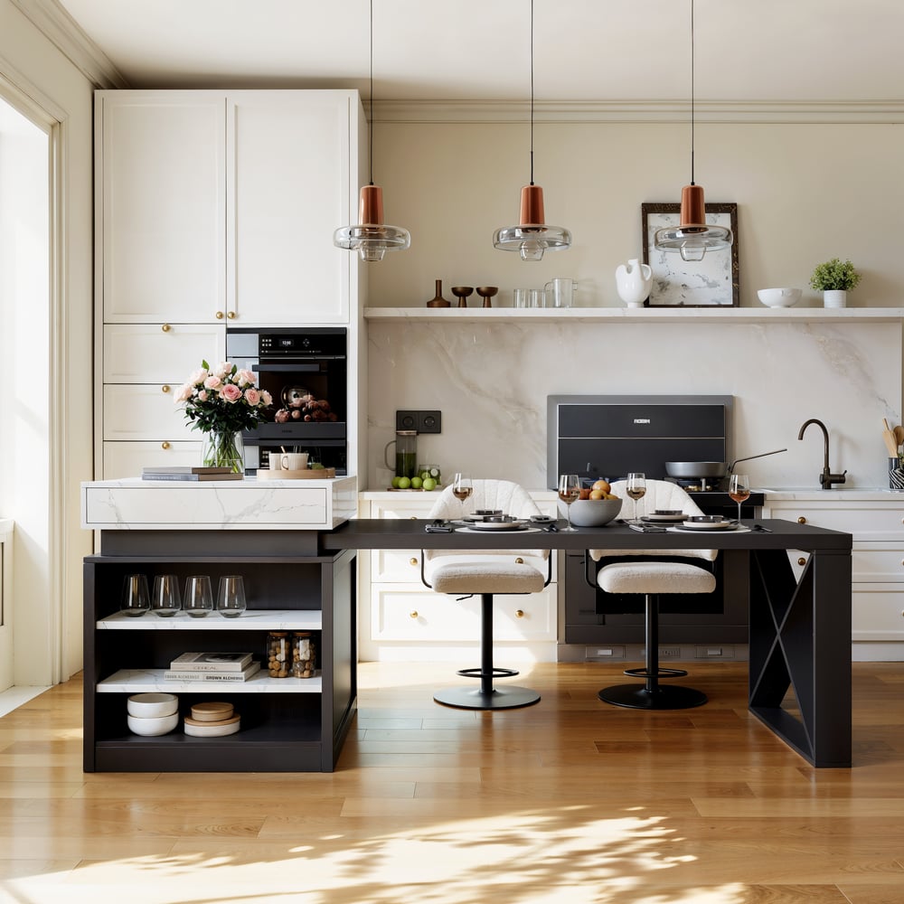 73"-93" Extendable White&Black Kitchen Island with Storage Kitchen Cabinet window image