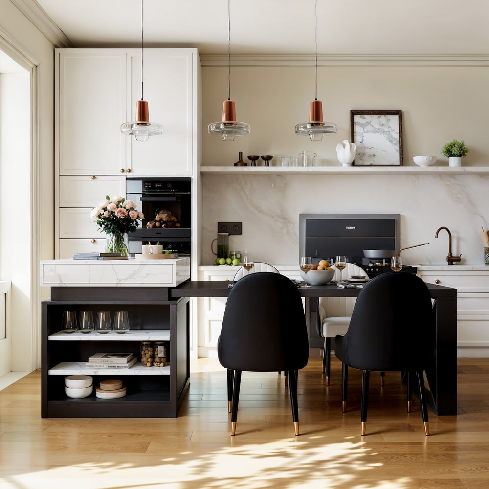 Questions and Answers for 73"-93" Extendable White&Black Kitchen Island with Storage Kitchen Cabinet