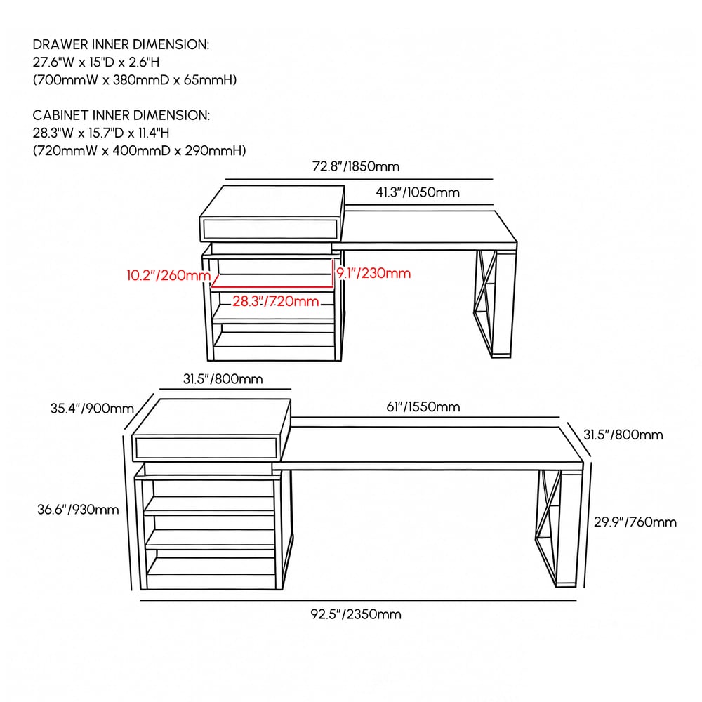 73"-93" Extendable White&Black Kitchen Island with Storage Kitchen Cabinet weights dimensions image