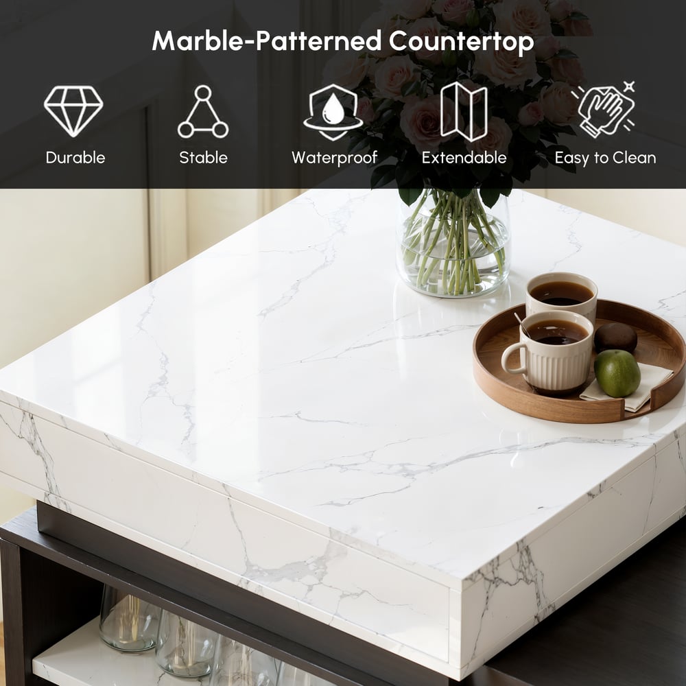 73"-93" Extendable White&Black Kitchen Island with Storage Kitchen Cabinet window image